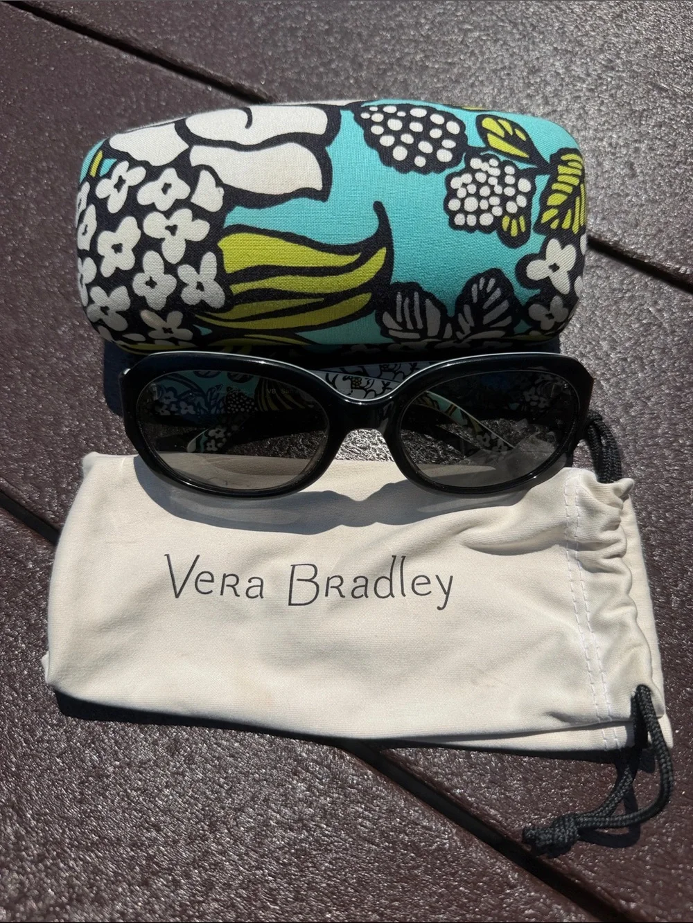 Vera Bradley Black Sunglasses with Soft Pouch and Turquoise Floral Hard Case
